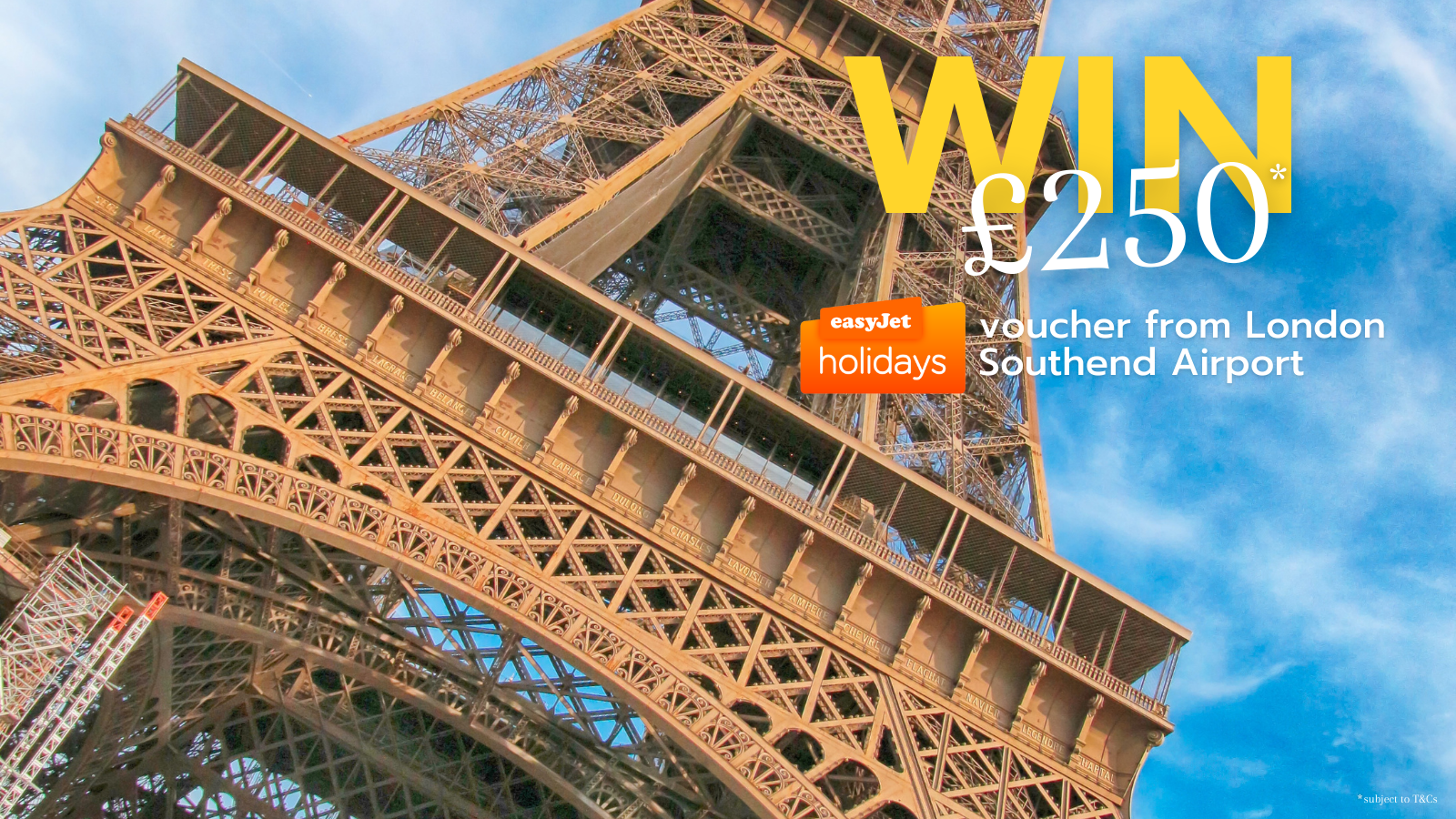 The Eiffel Tower, Paris, with text promoting London Southend's £250 voucher prize