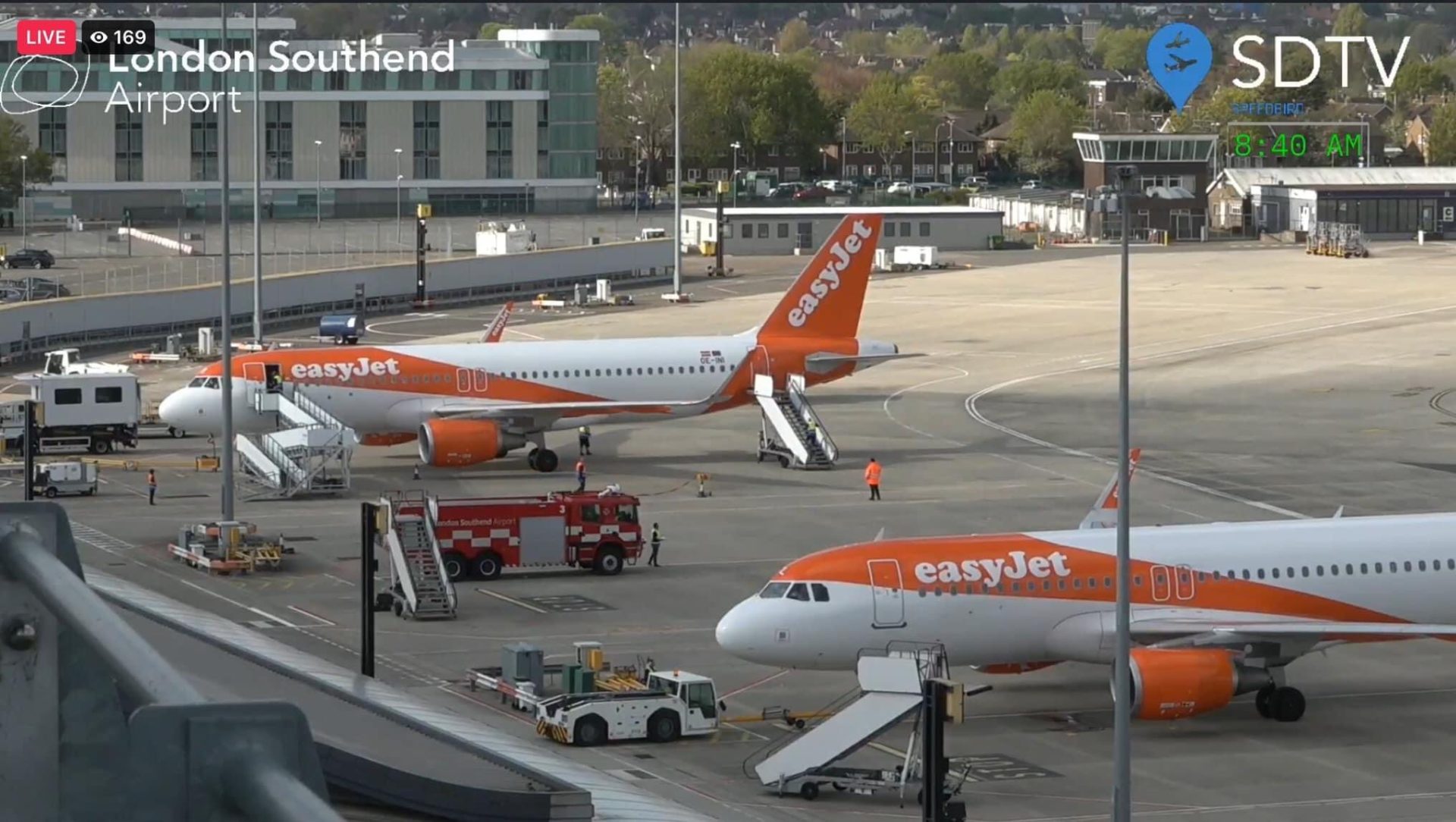 Two easyJet planes on the runway at London Southend Airport as flights to Palma de Mallorca restart