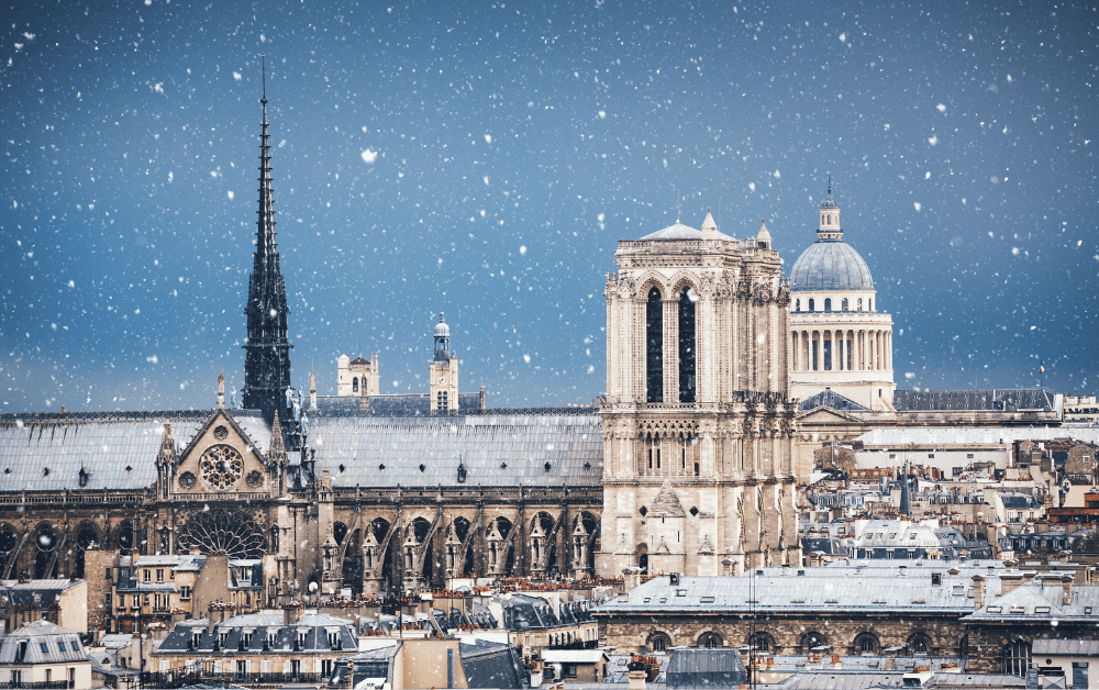 Paris skyline snowing