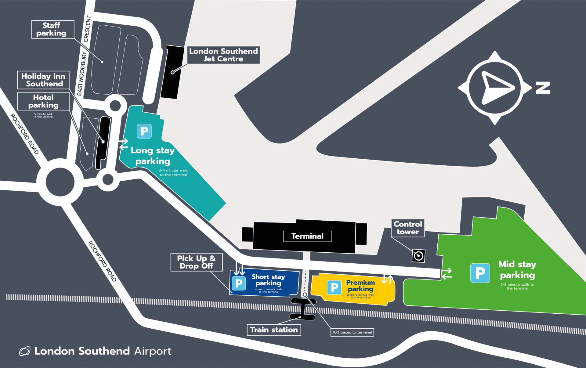 Book official onsite parking at London Southend Airport. A map of all car parks, including Short Stay, Premium, Mid Stay and Long Stay.