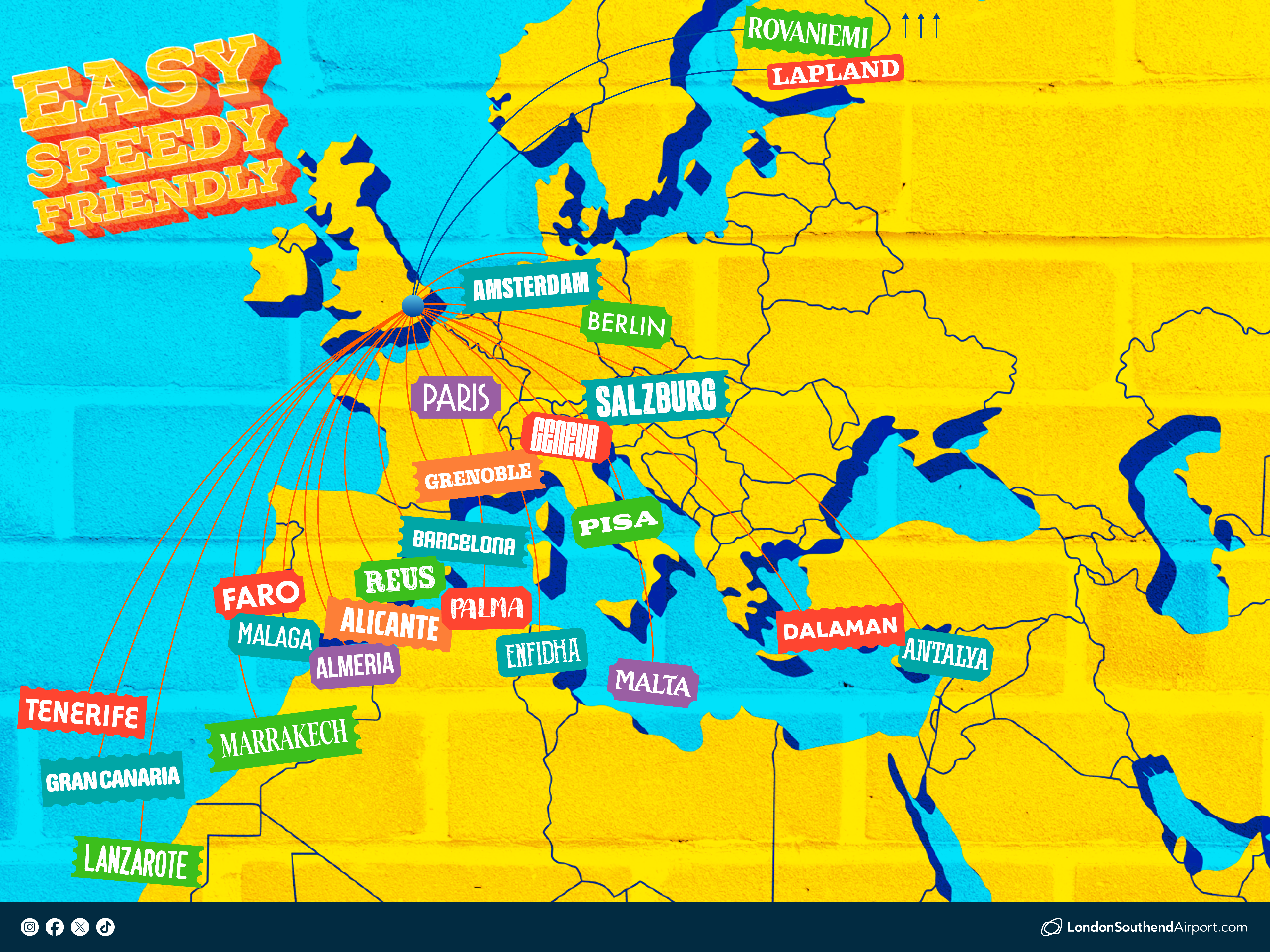 Welcome to your easy, speedy, friendly airport in the heart of Essex, with direct links to London and East Anglia by rail or car, and, of course, our very own coastline along the Thames Estuary. Choose from more than 20 destinations across Europe and North Africa - from ski favourites Salzburg and Grenoble, to city escapes in Malta, Berlin and Barcelona, and sunshine or golf breaks in Antalya, Faro and the Canary Islands. Fly with our airline partners easyJet and Santa’s Lapland. #EasySpeedyFriendly #SENsational