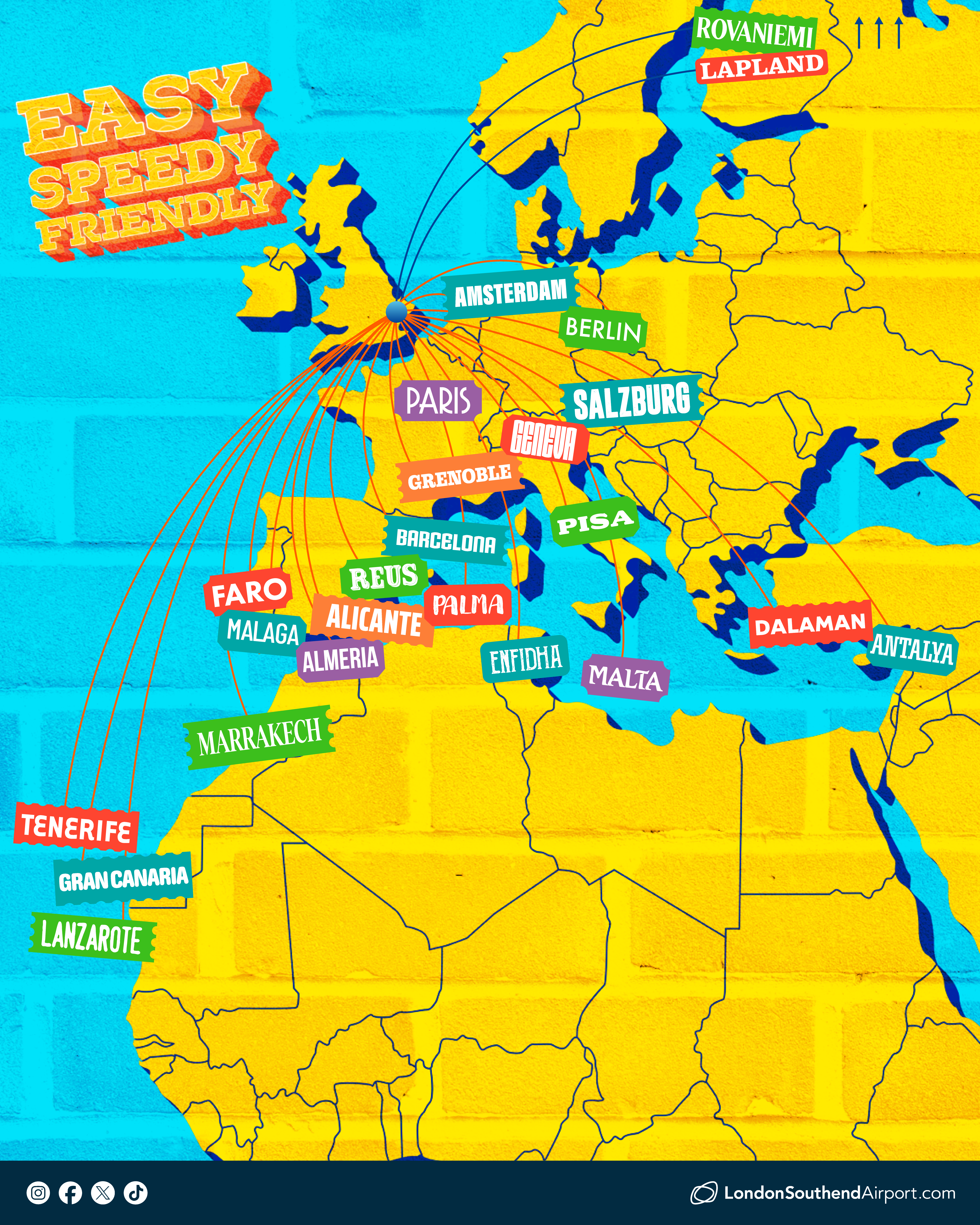 Welcome to your easy, speedy, friendly airport in the heart of Essex, with direct links to London and East Anglia by rail or car, and, of course, our very own coastline along the Thames Estuary. Choose from more than 20 destinations across Europe and North Africa - from ski favourites Salzburg and Grenoble, to city escapes in Malta, Berlin and Barcelona, and sunshine or golf breaks in Antalya, Faro and the Canary Islands. Fly with our airline partners easyJet and Santa’s Lapland. #EasySpeedyFriendly #SENsational