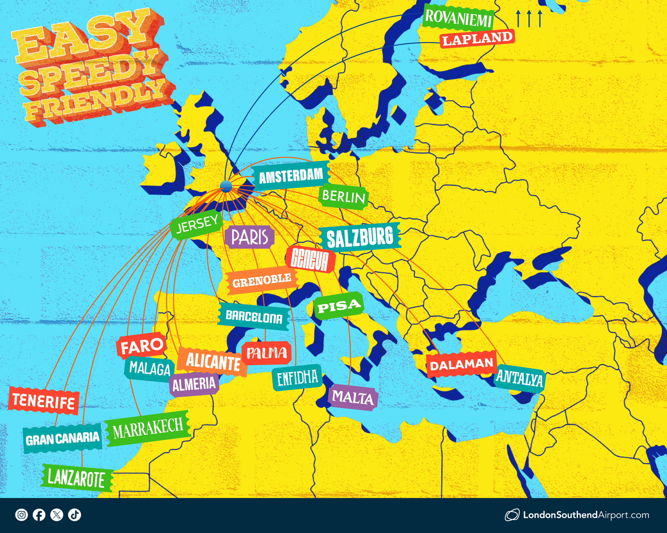 Choose from more than 20 destinations across Europe and North Africa - from ski favourites Salzburg and Grenoble, to city escapes in Malta, Berlin and Barcelona, and sunshine or golf breaks in Antalya, Faro and the Canary Islands. Fly with our airline partners easyJet and Santa's Lapland.