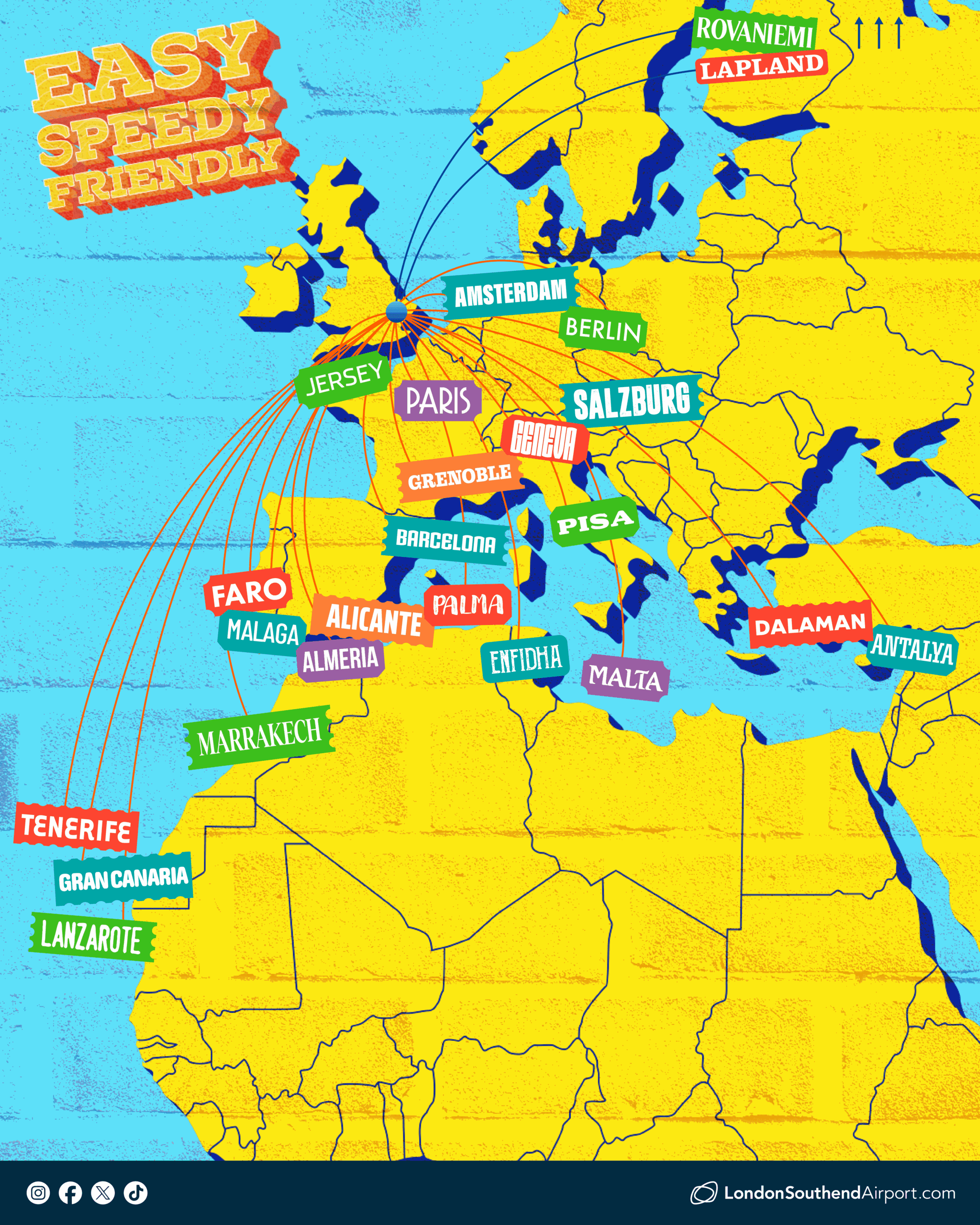 Choose from more than 20 destinations across Europe and North Africa - from ski favourites Salzburg and Grenoble, to city escapes in Malta, Berlin and Barcelona, and sunshine or golf breaks in Antalya, Faro and the Canary Islands. Fly with our airline partners easyJet and Santa's Lapland.