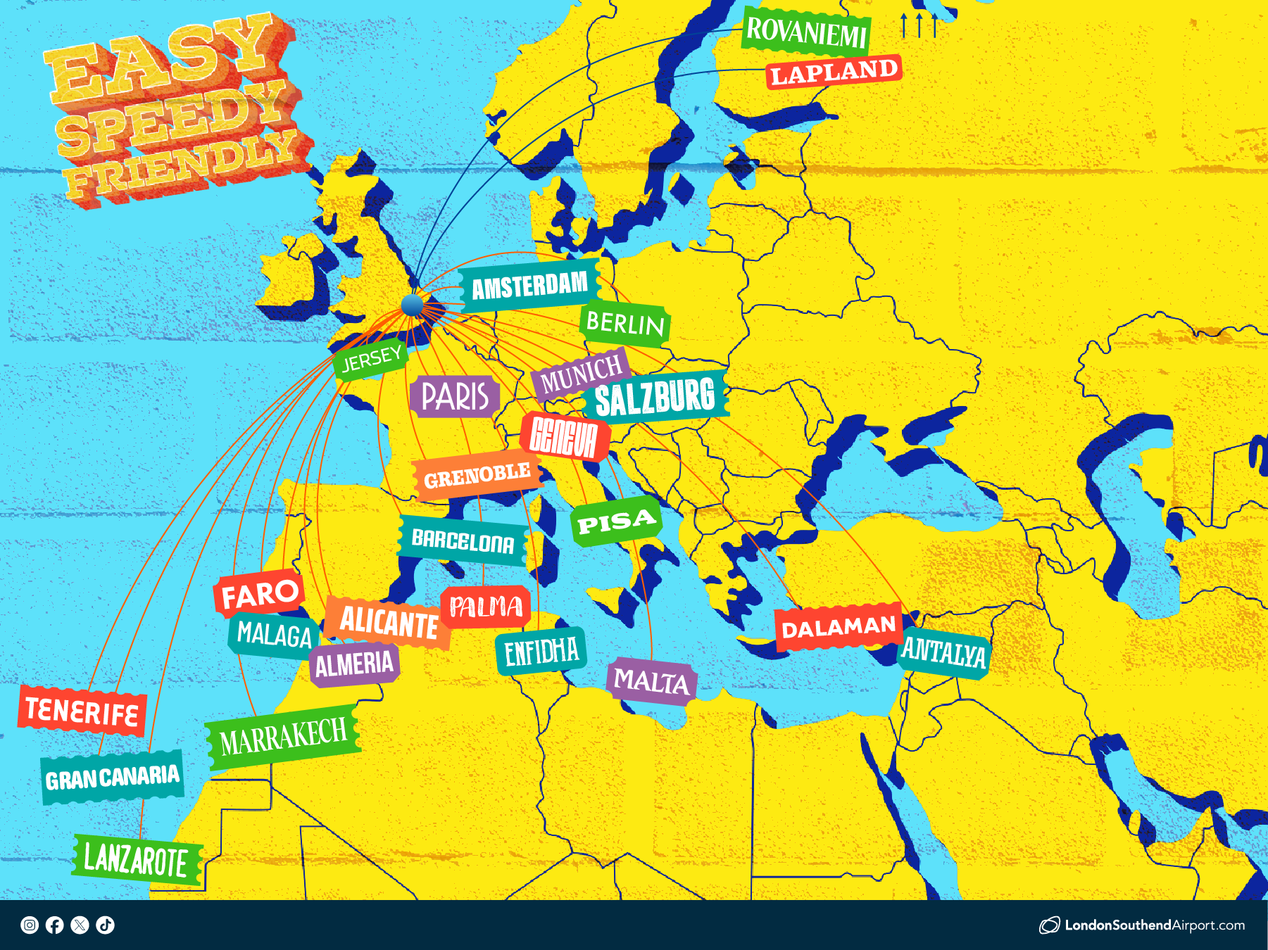 Choose from more than 20 destinations across Europe and North Africa - from ski favourites Salzburg and Grenoble, to city escapes in Malta, Berlin and Barcelona, and sunshine or golf breaks in Antalya, Faro and the Canary Islands. Fly with our airline partners easyJet and Santa's Lapland.