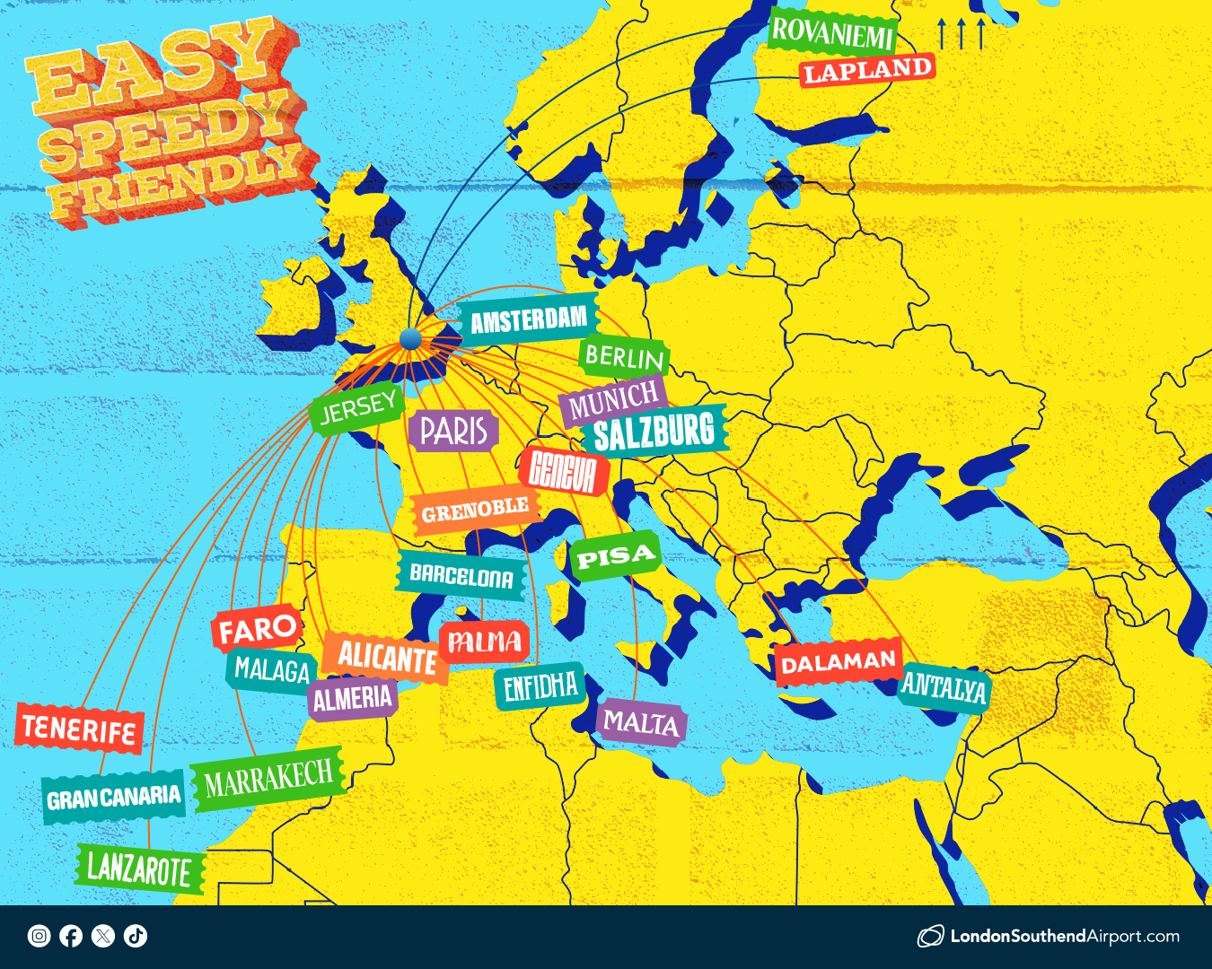 Choose from more than 20 destinations across Europe and North Africa - from ski favourites Salzburg and Grenoble, to city escapes in Malta, Berlin and Barcelona, and sunshine or golf breaks in Antalya, Faro and the Canary Islands. Fly with our airline partners easyJet and Santa's Lapland.