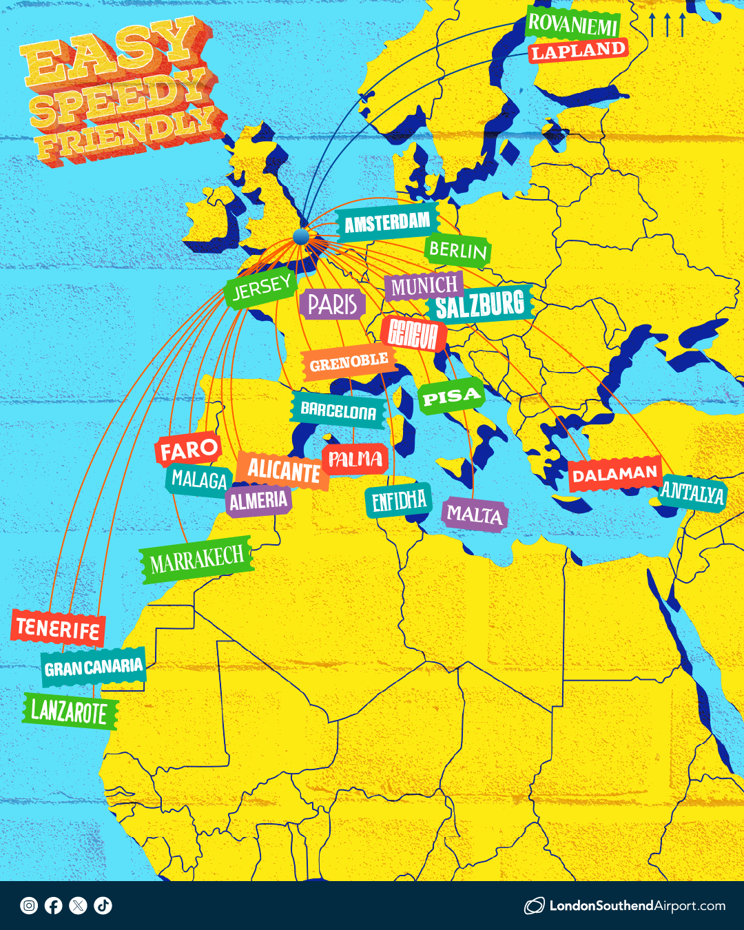 Choose from more than 20 destinations across Europe and North Africa - from ski favourites Salzburg and Grenoble, to city escapes in Malta, Berlin and Barcelona, and sunshine or golf breaks in Antalya, Faro and the Canary Islands. Fly with our airline partners easyJet and Santa's Lapland.