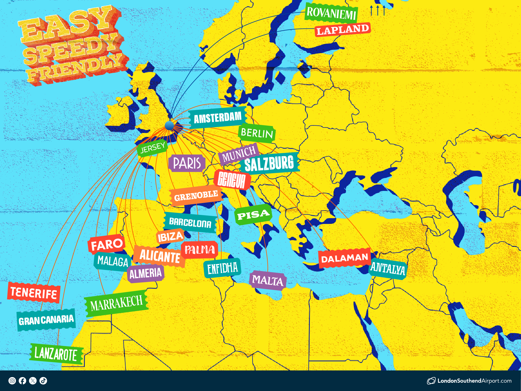 Choose from more than 20 destinations across Europe and North Africa - from ski favourites Salzburg and Grenoble, to city escapes in Malta, Berlin and Barcelona, and sunshine or golf breaks in Antalya, Faro and the Canary Islands. Fly with our airline partners easyJet and Santa's Lapland.