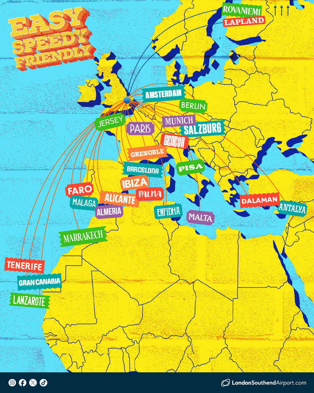 Choose from more than 20 destinations across Europe and North Africa - from ski favourites Salzburg and Grenoble, to city escapes in Malta, Berlin and Barcelona, and sunshine or golf breaks in Antalya, Faro and the Canary Islands. Fly with our airline partners easyJet and Santa's Lapland.