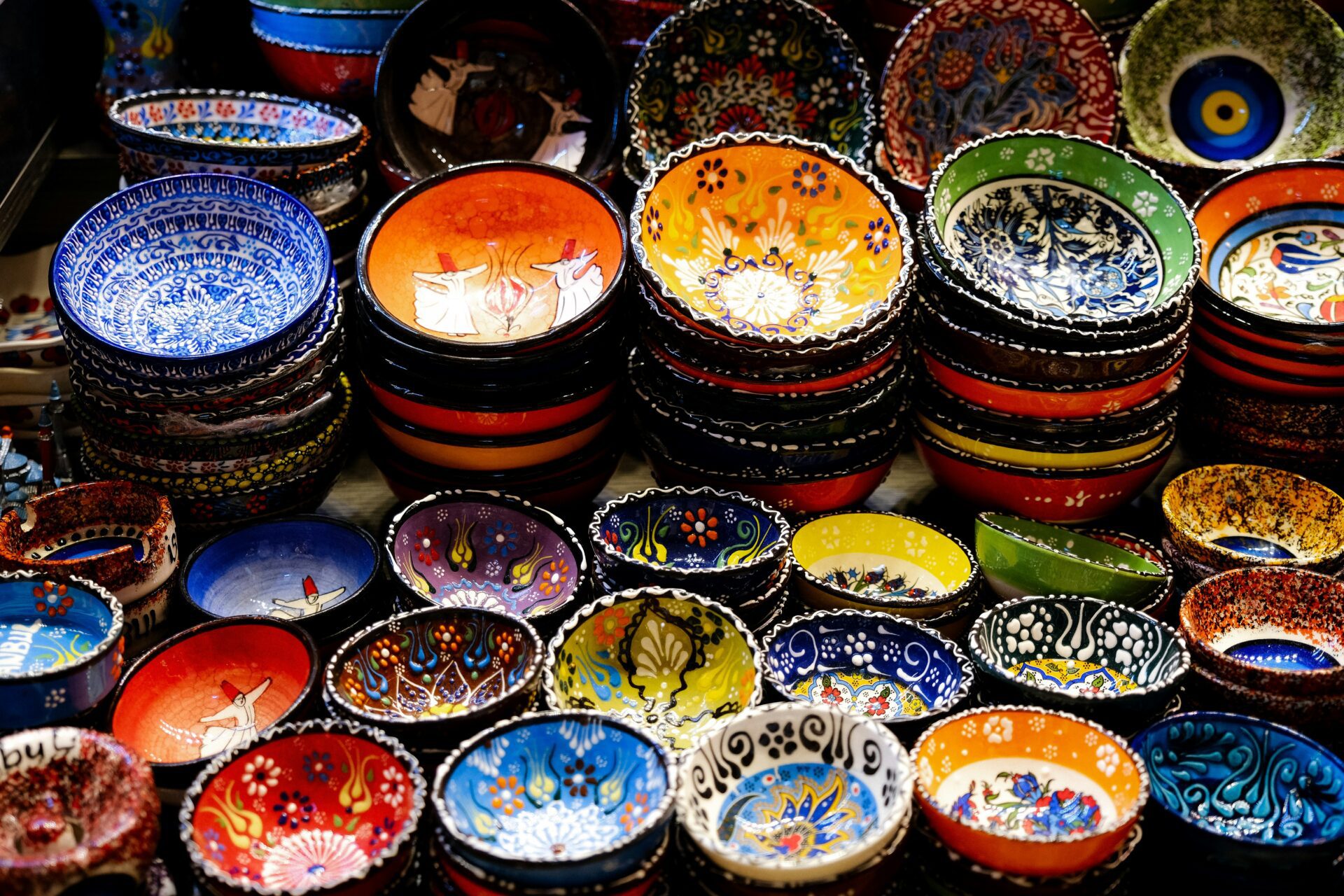 Colourful ceramics in a stand.