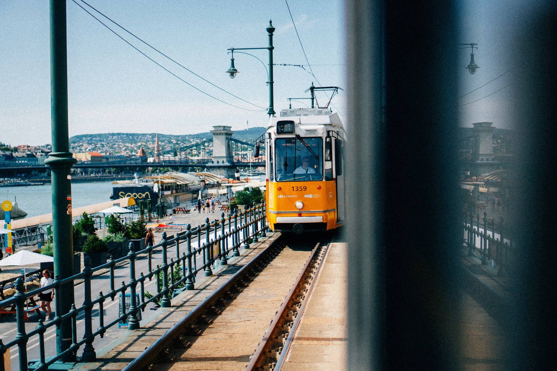 Tram along the Danube in summer