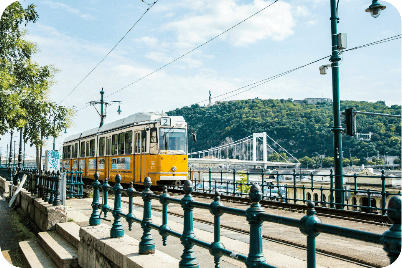 Tram in front of Gellert Hill, Budapest, Hungary