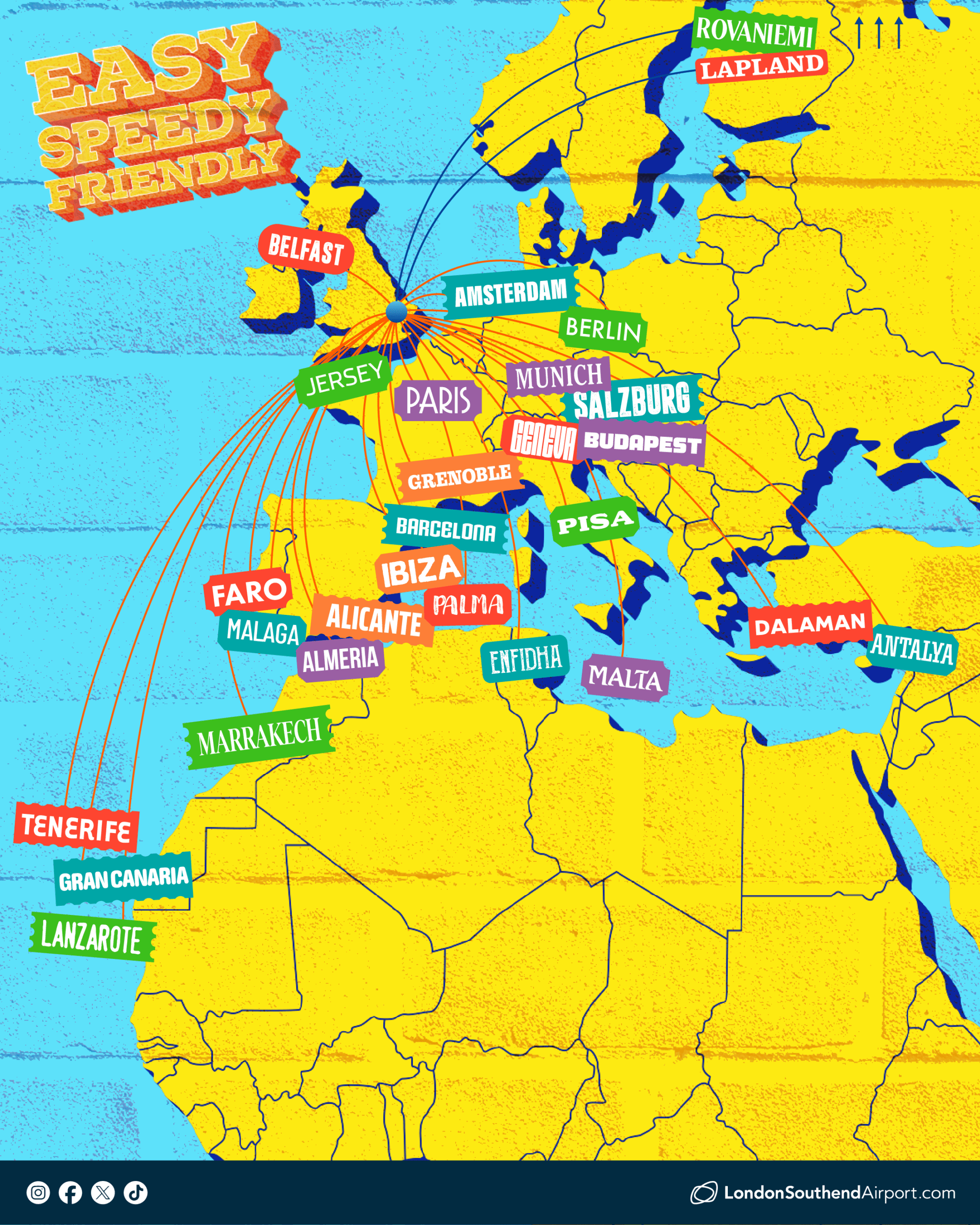 Choose from more than 20 destinations across Europe and North Africa - from ski favourites Salzburg and Grenoble, to city escapes in Malta, Berlin and Barcelona, and sunshine or golf breaks in Antalya, Faro and the Canary Islands. Fly with our airline partners easyJet and Santa's Lapland.