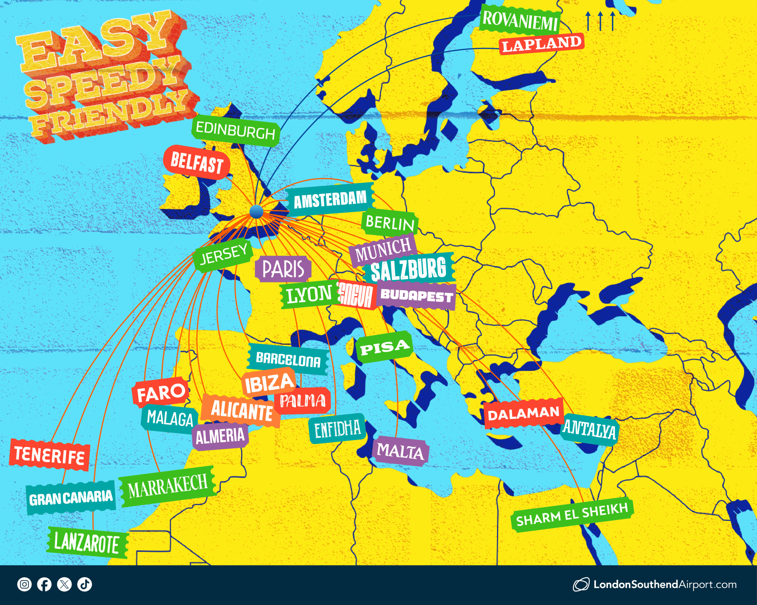 Choose from more than 20 destinations across Europe and North Africa - from ski favourites Salzburg and Lyon, to city escapes in Malta, Berlin and Barcelona, and sunshine or golf breaks in Antalya, Faro and the Canary Islands. Fly with our airline partners easyJet and Santa's Lapland.