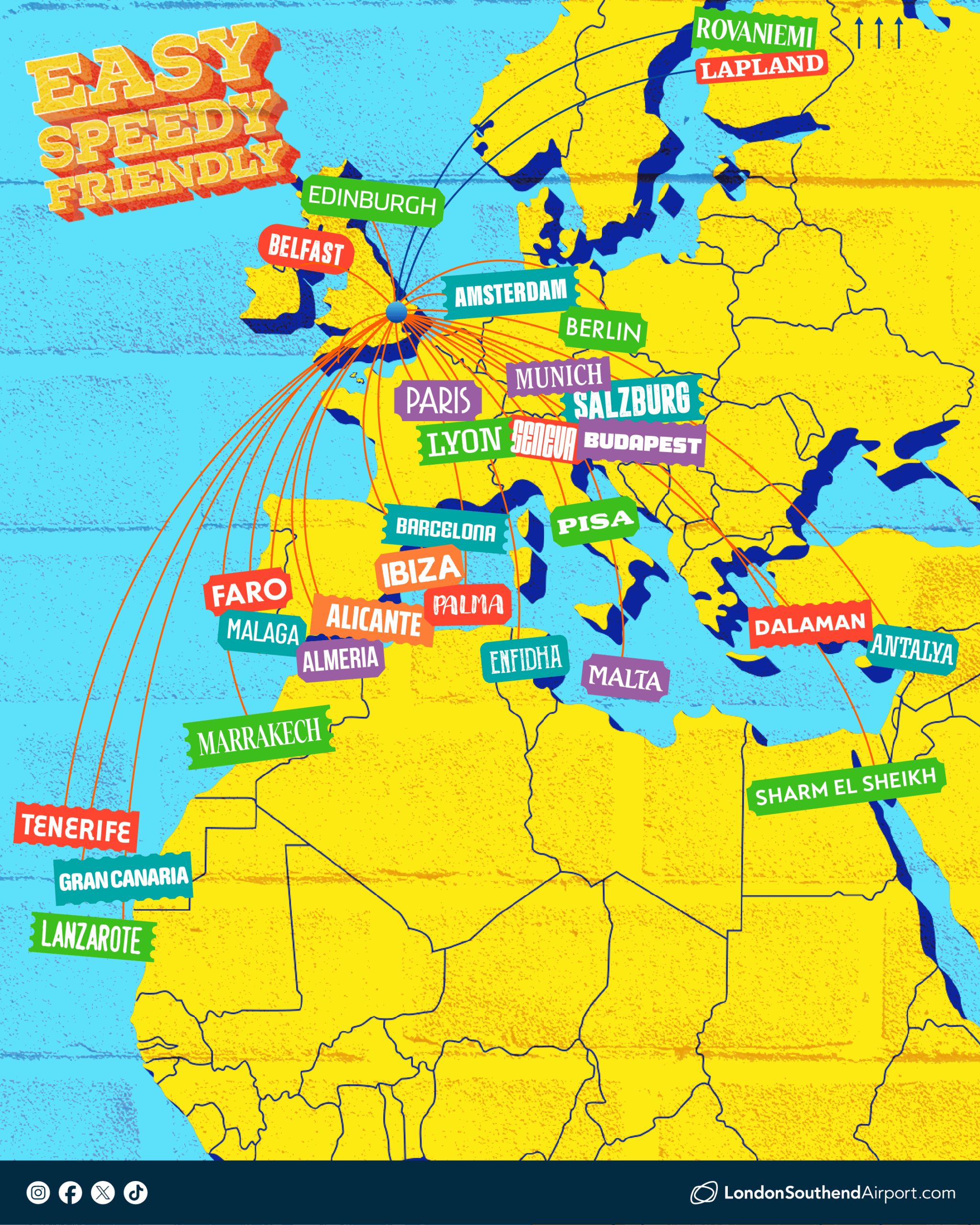 Choose from more than 20 destinations across Europe and North Africa - from ski favourites Salzburg and Lyon, to city escapes in Malta, Berlin and Barcelona, and sunshine or golf breaks in Antalya, Faro and the Canary Islands. Fly with our airline partners easyJet and Santa's Lapland.
