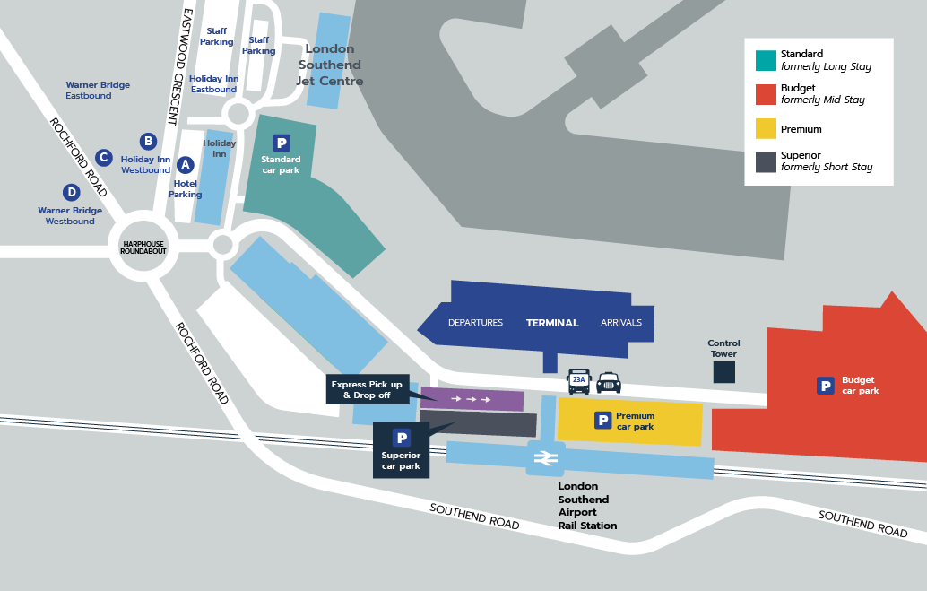 Book official onsite parking at London Southend Airport. A map of all car parks.